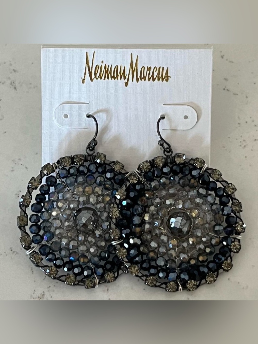 Neiman Marcus Black and Gray Faceted Crystal Round Drop Earrings